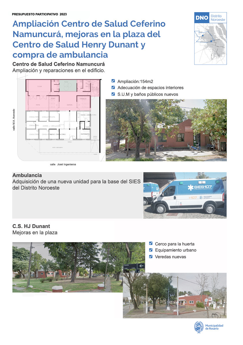 Ampliación Centro de Salud Ceferino Namuncurá, mejoras en la plaza del Centro de Salud Henry Dunant y compra de ambulancia - Distrito Noroeste