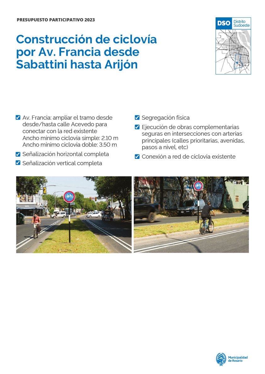 Construcción de ciclovía por Av. Francia desde Sabattini hasta Arijón - Distrito Sudoeste